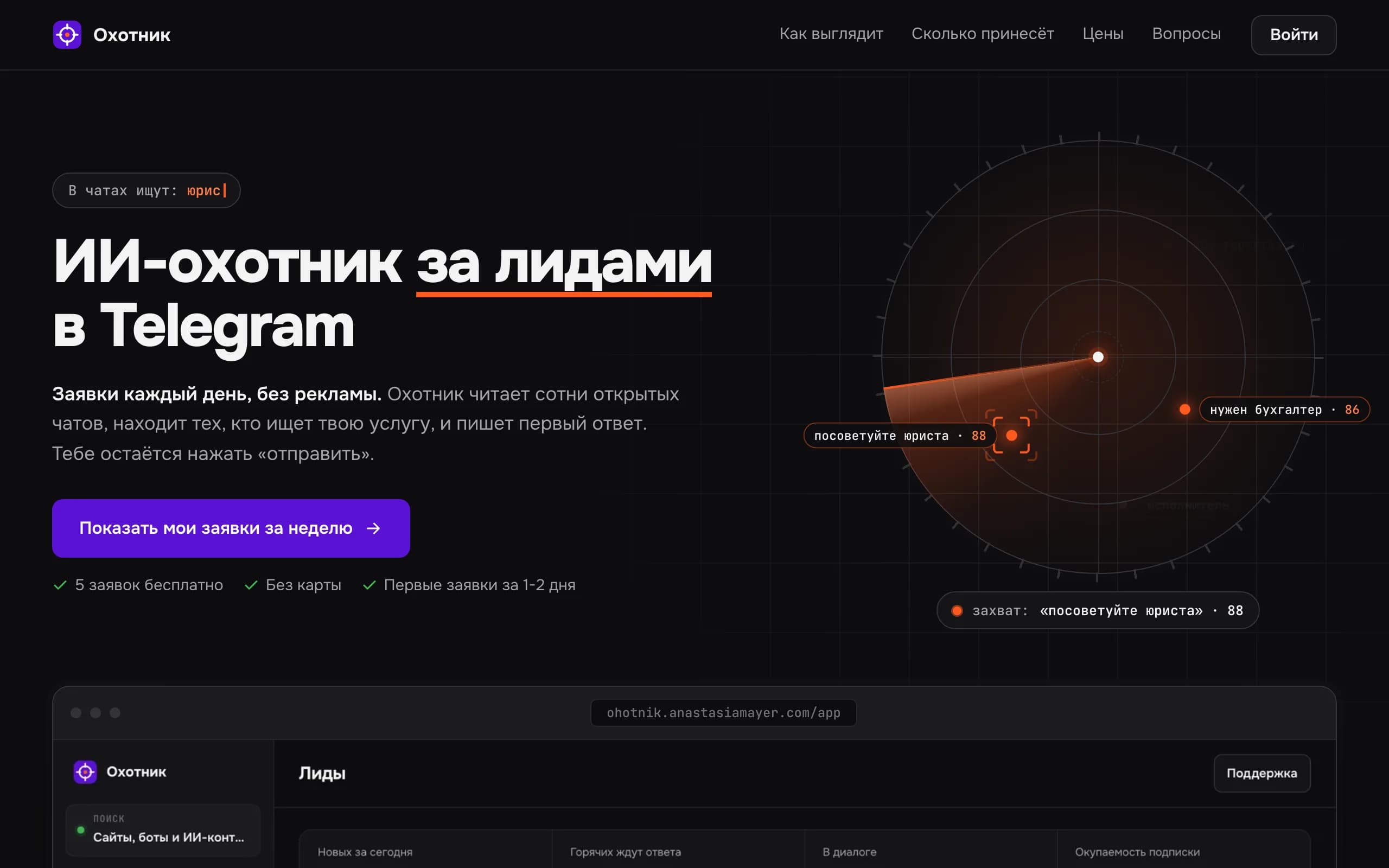 Первый экран ИИ-охотника за лидами: радар заявок в Telegram-чатах